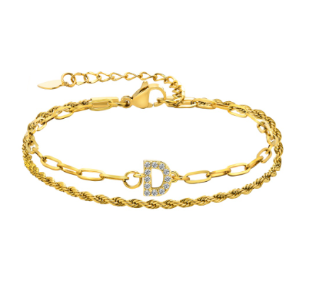 Vnox Letter Double Layer Braelet,18K Gold Fried Twistsed Paper Clip Zirconia Initial Stainless Steel Chain Link for Women D