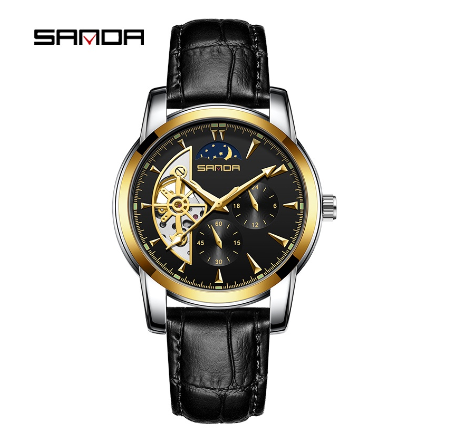 Sanda Premium Commercial Steel Strap Three Hand Water Resistant Luxury Quartz Watch GOLD BLACK LEATHER STRAP