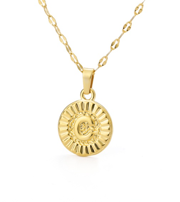Maxzone A-Z Initial Round Letter Pendant Necklace For Women Stainless Steel Gold Choker Coin Letter Necklace C