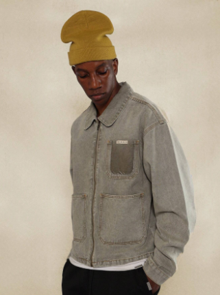 SUMWON Regular Fit Washed Zip Through Denim Jacket With Ripped Pocket