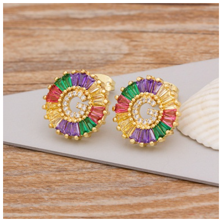 Colorful Choice 26 Initial Letters Earrings Cute Alphabet Copper CZ A-Z Rainbow Stud Earrings Name Jewelry G