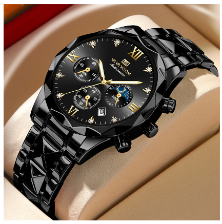 VA VA VOOM Men's Watch Stainless Steel Sports Multifunctional Clock Blue Gradual Gold Rhinestone Business Quartz Watch BLACK GOLD