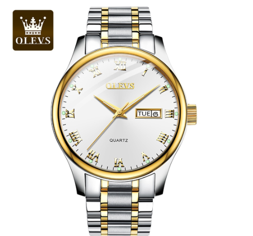 OLEVS Watch For Men Water proof Quartz Man Mens Watches Original Relo Sliver With Box Business Calendar Steel Belt Gold Luminous 002