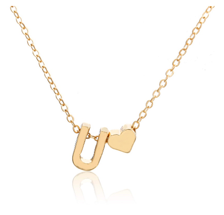 Fashion 26 Letter Pendant Necklace Peach Heart Letter Necklace Clavicle Chain Choker for Men Women Jewelry Gifts U