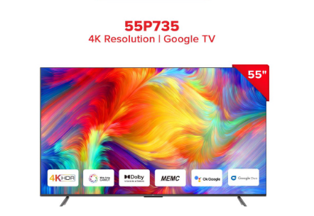 TCL 55" 4k Google Smart TV - 55p735 (Dolby Vision & Audio, Camera-Ready, Hand Free Voice Control)