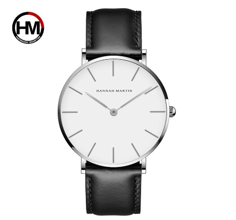Hannah Martin Casual Watch Men Sports Quartz Wristwatch Waterproof Leather Wrist Watch BLACK SILVER WHITE