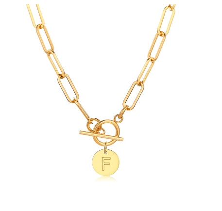 Vnox Women Stainless Steel Gold Plated Initial Pendant Necklace with Paperclip Necklace F