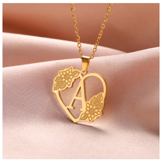A-Z Initial Flower Necklace Women Stainless Steel Letter Heart Pendant Necklace Choker A
