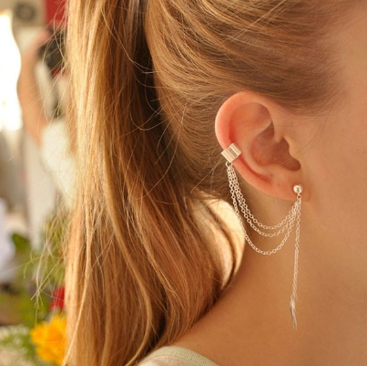 Women's Girl Tassels Chain Leaf Ear Cuff Wrap Cilp Dangle Earrings Silver