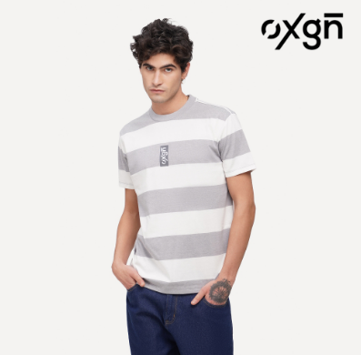 OXGN Striped Embroidered T-Shirt For Men (Brown/Gray)