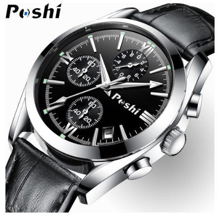 POSHI Men Watch Original Waterproof Exquisite High-End Sports Quartz Watches For Authentic Leather SILVER BLACK