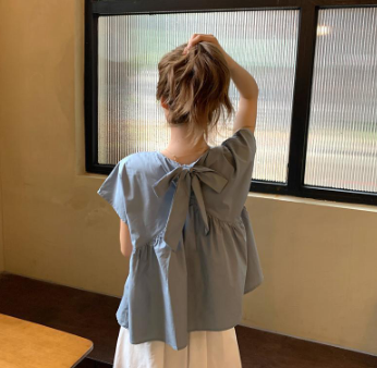 Short Sleeve Back Bowkbot Sweet Maternity Blouse Loose Casual Solid Korean Style Pregnant Women Blouse Tops