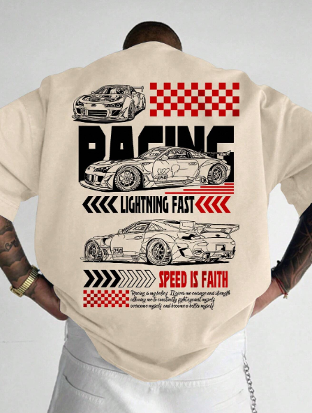Manfinity LEGND Men's Plus Size Summer Casual T-Shirt With Slogan And Car Print, Short Sleeve
