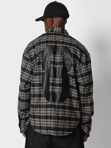 SUMWON Relaxed Fit Flannel Shirt With Back Number Graphic Print