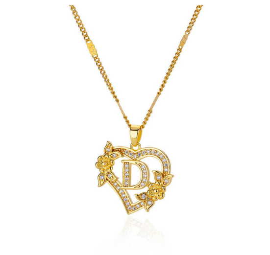 Zircon Stainless Steel Heart Flower Letter Necklaces For Women Gold Color A-Z Letter Heart Necklace D