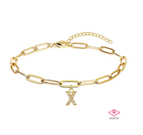Hwetr Fashion 26 A-Z Initial Bracelet For Women Classic Zircon Letter Pendant Paper Clip Chain Bracelet Jewelry Accessories Gift X