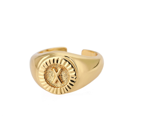 Maxzone Vintage Initial Letter Signet Rings For Women Stainless Steel Ring Round Opening Gold Letter Ring Aesthetic Wedding Jewelry Gift X