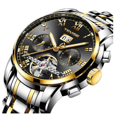 Original TEVISE Watch for men Waterproof watch Automatic Multifunction Chronograph Calendar Month Week Gold Luxury Stainless 4