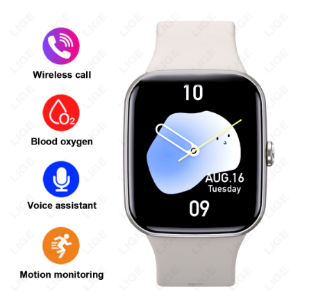 LIGE Original HD Full Touch Screen Bt Call Smart Watch Fitness Tracker Heart Rate 100+ Sports Waterproof Men's WristWatch BEIGE