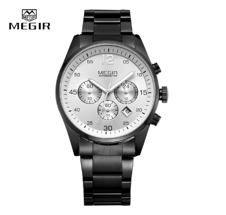 MEGIR Black&Silver Full Steel Business Quartz Analog Men's Wristwatch Waterproof Chronograph 01