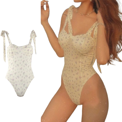 Lovito Women Casual Ditsy Floral Lace Up Bow Bodysuit LNL42097