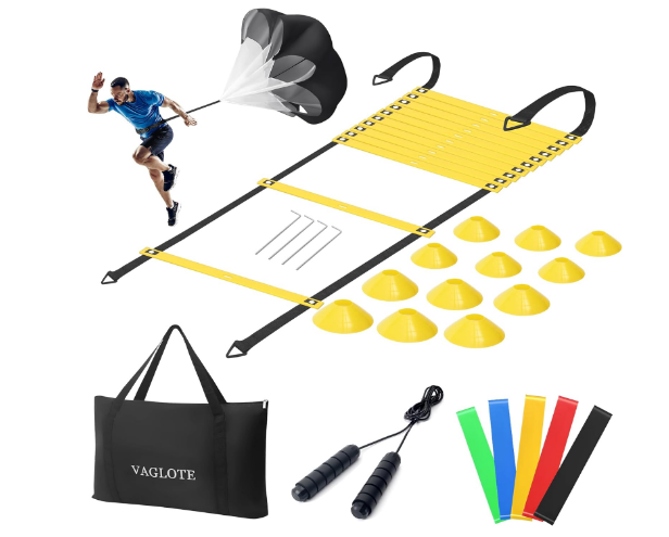 Speed Agility Training Equipment Set-19.7ft Agility Ladder, 12 Soccer Cones, Jump Rope, Running Parachute, Soccer Training Equipment with Bag Football Training Equipment for Youth Kids Adults
