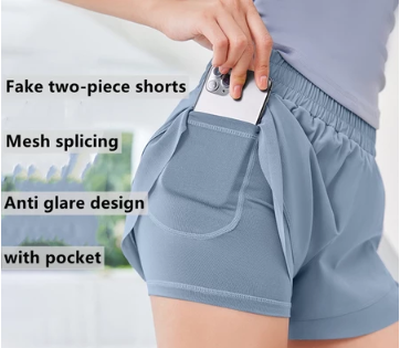 Woman yoga shorts running quick drying breathable mesh side pocket fake two-piece sport shorts