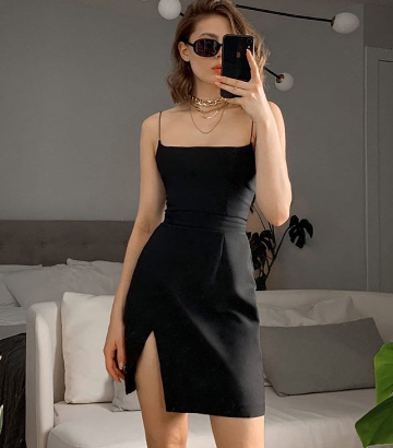 Women Basic Casual Low Cut Neck Split Mini Black Cami Dress