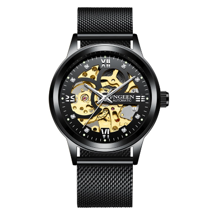 FNGEEN 6018 Men's Automatic Mechanical Watch ALL BLACK MESH