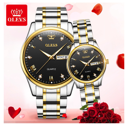 Olevs Couple Watch Waterproof Original Quartz Stainless Steel Luminous Calendar Fashion Leather Watch BLACK DIAL TWO TONE