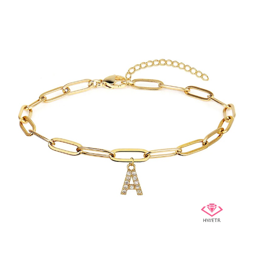 Hwetr Fashion 26 A-Z Initial Bracelet For Women Classic Zircon Letter Pendant Paper Clip Chain Bracelet Jewelry Accessories Gift A
