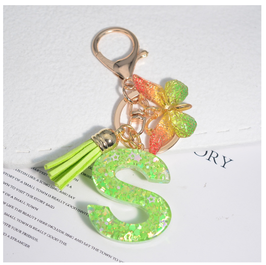 Glitter Green 26 Letter Resin Keychain Fashion Sequin Filled A-Z Alphabet Keyrings For Women Car Key Holder Accessories Souvenir S