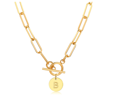 Vnox Women Stainless Steel Gold Plated Initial Pendant Necklace with Paperclip Necklace B