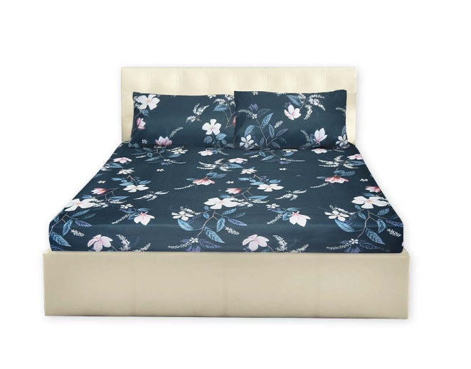 3in1 Garterized Bed Sheet Set - 2 Pillowcases & 1 Fitted Sheet - Prussian Floral