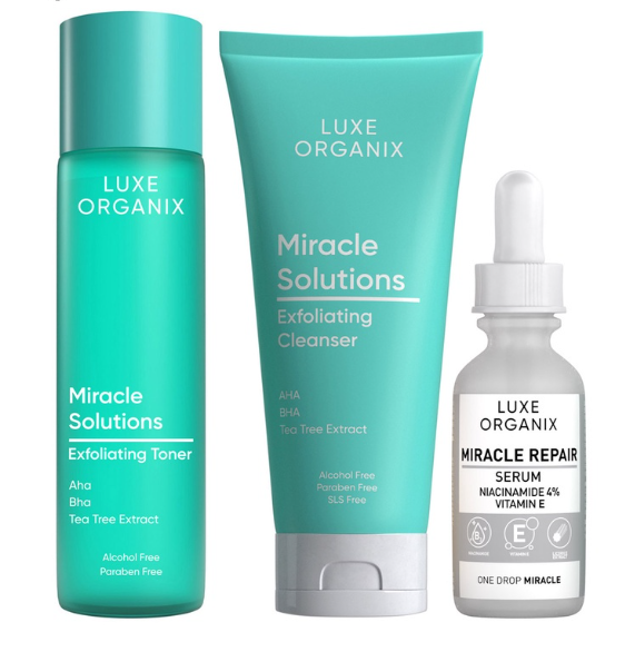Luxe Organix Miracle Solutions Aha Bha Gel Cleanser 120mL, Pore Toner 150mL, & Serum 30mL Bundle