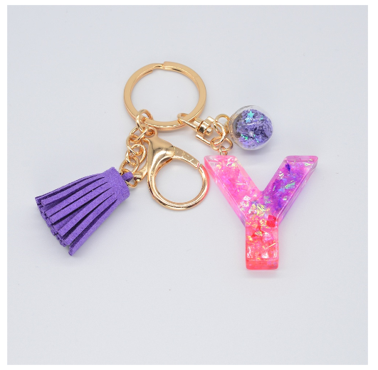 Cute Creative 26 Letter Alphabet Crystal Glitter Resin Keychain Women Tassels Keyring Car Key Holder Bag Charms Accessories Y