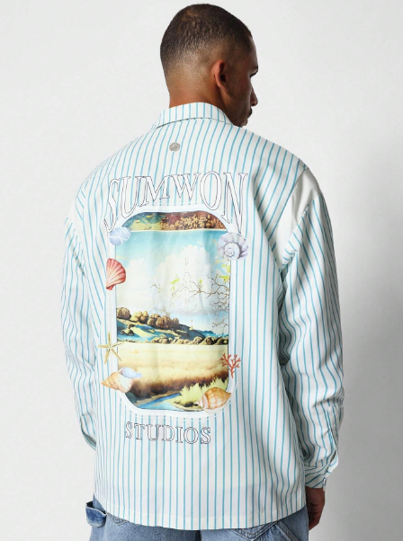 SUMWON Regular Fit Revere Collar Stripe Shirt With Front & Back Graphic Print