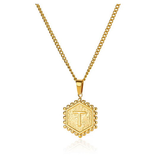 Fashion Hexagon A-Z Letter Necklaces For Women Stainless Steel Initial Hexagon Pendant Necklace T