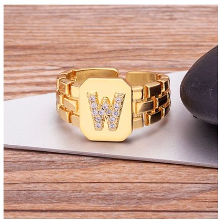 New Arrival Fashion Gold Color Initial Ring Open Design Adjustable Hot Sale A-Z Letters Zircon Rings For Women W