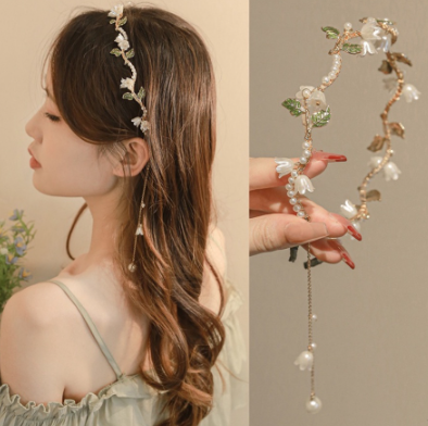 Korean Alloy Pearl Flower Leaves Headband Beads Chain Tassel Wave Hair Band Woman Elegant Hair Accessories
