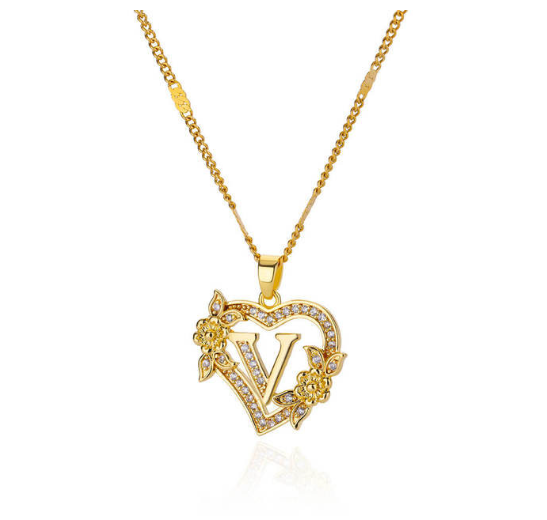 Zircon Stainless Steel Heart Flower Letter Necklaces For Women Gold Color A-Z Letter Heart Necklace V
