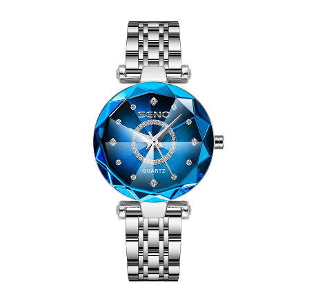 Seno Ocean Star Steel Band Women's Watch Fashion Crystal Ladies Quartz Wristwatch SILVER BLUE