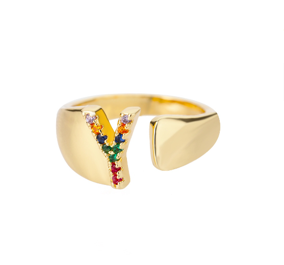 Maxzone Fashion Colorful Chunky Wide Letter A-Z Rings For Women Gold Opening Initial Letter Ring Femme Wedding Party Jewelry Y