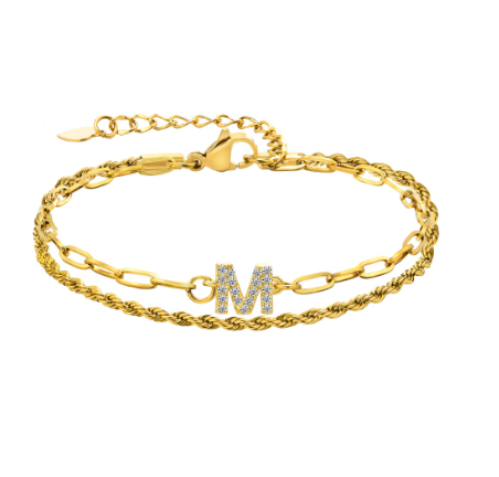 Vnox Letter Double Layer Braelet,18K Gold Fried Twistsed Paper Clip Zirconia Initial Stainless Steel Chain Link for Women M