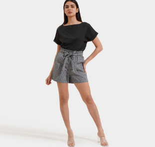 ForMe Tie Waist Checkered Paperbag Shorts for Women Black