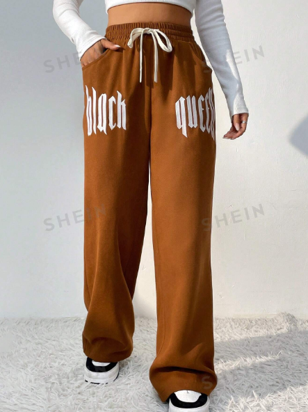 SHEIN EZwear Letter Graphic Drawstring Waist Wide Leg Pants