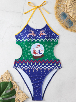 Fashion Swimsuit/European American New Style One-Piece Christmas Printed Waistless Laced-Up Sexy Bikini Bikini Women