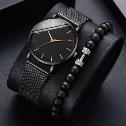 Men Business Watch Fashion Ultra-Thin Scale Mesh with Quartz Watch+Bead Bracelet