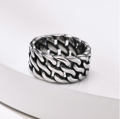 Solid Silver Cuban Link Chain Ring for Men Stainless Steel Jewelry