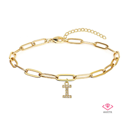 Hwetr Fashion 26 A-Z Initial Bracelet For Women Classic Zircon Letter Pendant Paper Clip Chain Bracelet Jewelry Accessories Gift I